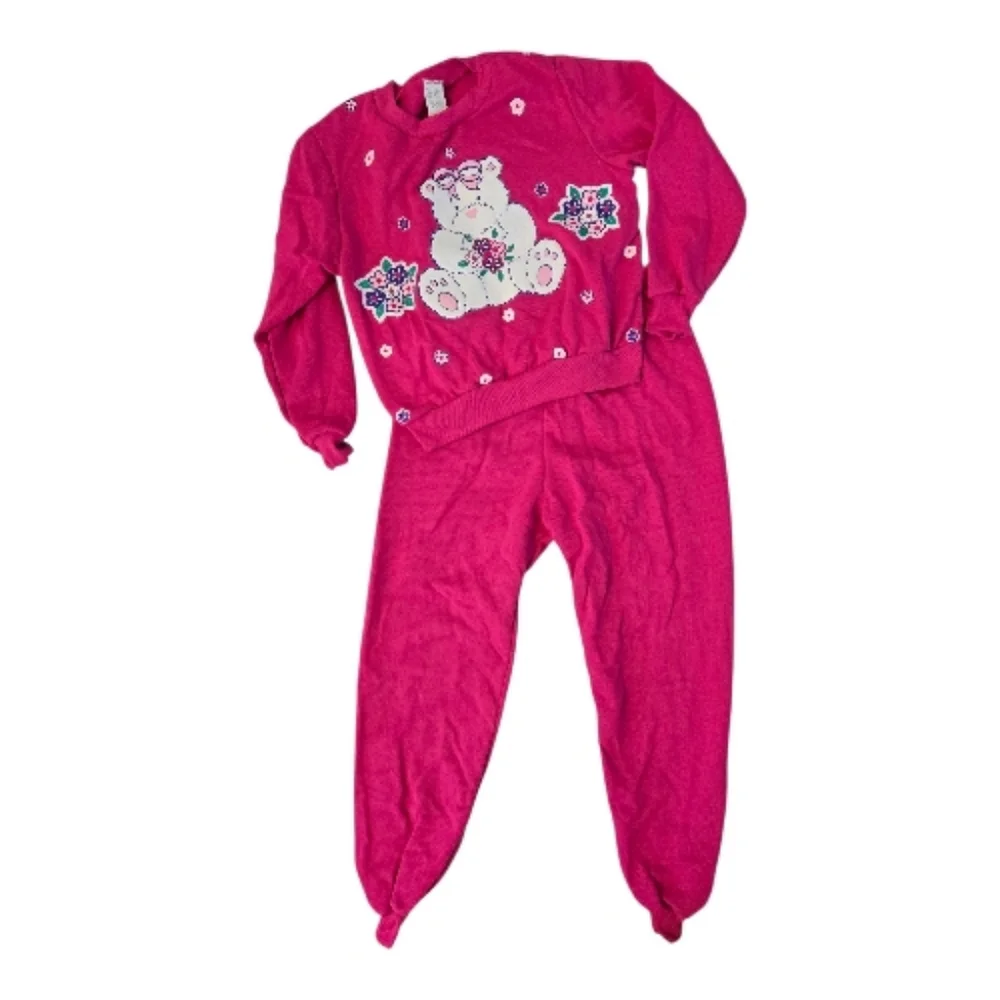 Vintage 1990s Fuschia Pink Teddy Bear Print Sweatsuit 2pc Set NWT